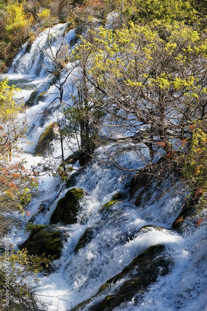 Sparkling Lake, cascades, Jiuzhaigou National Park, Sichuan Province, China, Asia Sparkling Lake, cascades, Jiuzhaigou National Park, Sichuan Province, China, Asia