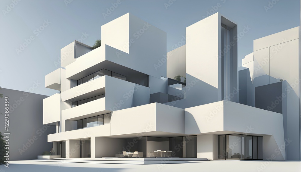 Minimalist architectural composition of modern buildings, with clean angles, rendered in geometric forms and soft hues of grey, cream, and light blue, AI generated Minimalist architectural composition of modern buildings, with clean angles, rendered in geometric forms and soft hues of grey, cream, and light blue, AI generated