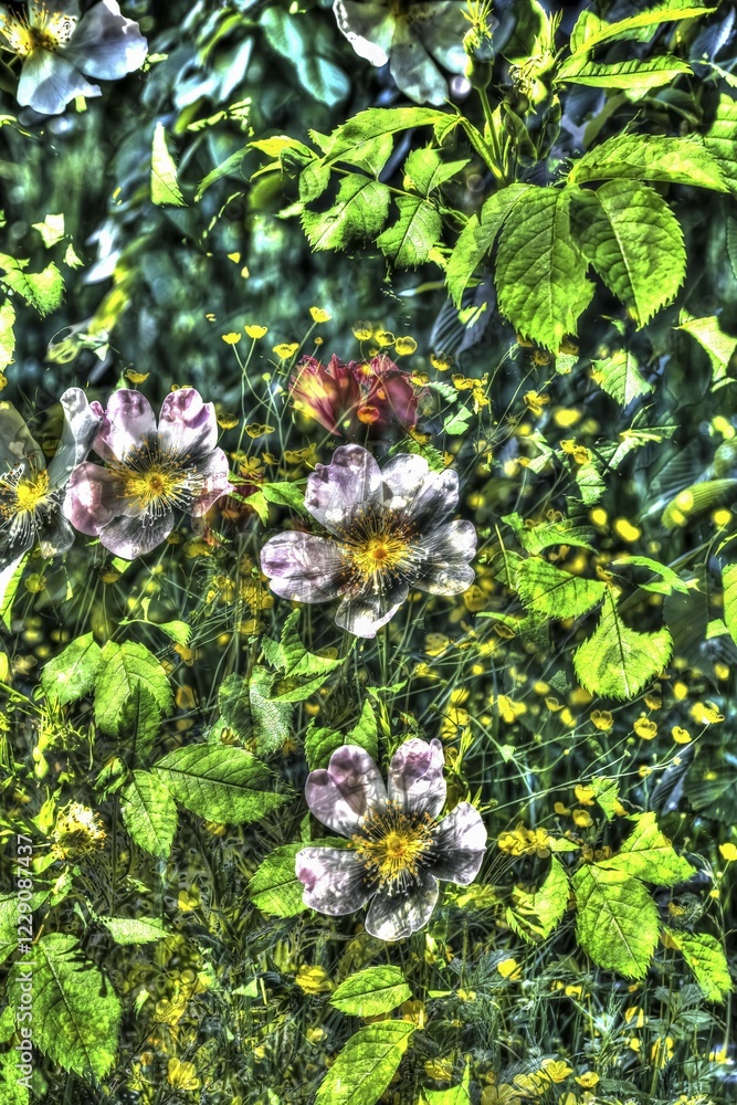 Dog rose (Rosa canina), dog rose, dog rose, heather rose, hagrose, oil painting-like photograph, diverse, pink flowers creative, different plants mixed, artistic photograph, flowers alienated, plants, impressionistic art style, lively spring atmosphere, allover, alienation, dense flower field, dark colours, green leaves, garden, flower bed, plants, Germany, Europe Dog rose (Rosa canina), dog rose, dog rose, heather rose, hagrose, oil painting-like photograph, diverse, pink flowers creative, different plants mixed, artistic photograph, flowers alienated, plants, impressionistic art style, lively spring atmosphere, allover, alienation, dense flower field, dark colours, green leaves, garden, flower bed, plants, Germany, Europe