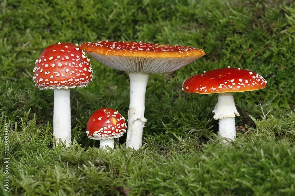 Fly agarics (Amanita muscaria), Aukrug nature park Park, Schleswig-Holstein, Germany, Europe Fly agarics (Amanita muscaria), Aukrug nature park Park, Schleswig-Holstein, Germany, Europe