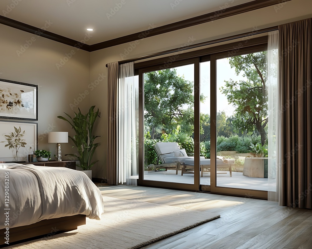 Fototapeta premium Open-concept master bedroom with sliding glass doors to a private patio