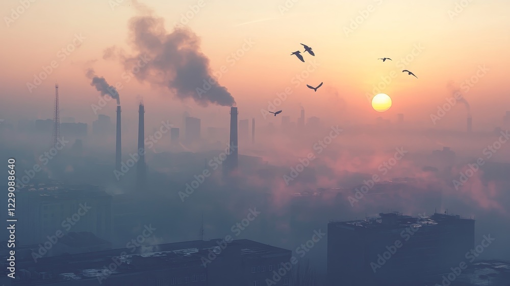 Fototapeta premium A breathtaking industrial skyline at sunrise, surrounded by smoke and fog. Birds soar gracefully through the hazy atmosphere, embodying freedom amidst pollution.