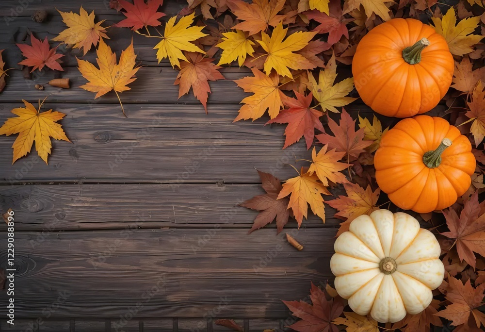 A wooden table with autumn decorations including pumpkins, corn, and candles, with fallen maple leaves scattered around. A wooden table with autumn decorations including pumpkins, corn, and candles, with fallen maple leaves scattered around.