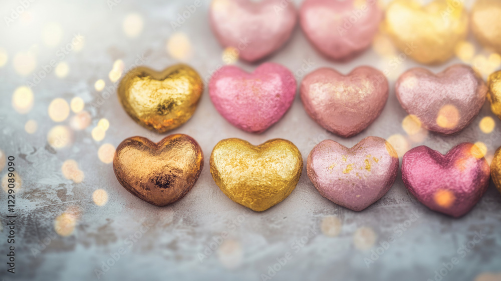 Obraz premium Pink, gold, and bronze foil-wrapped chocolate hearts arranged on a textured surface, surrounded by warm bokeh lights for a romantic touch.
