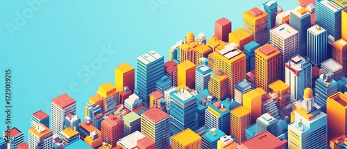 Vibrant city skyline with colorful buildings.