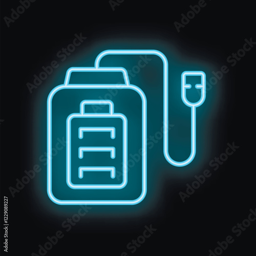 Blue neon icon of a power bank charging with a usb cable on a black background