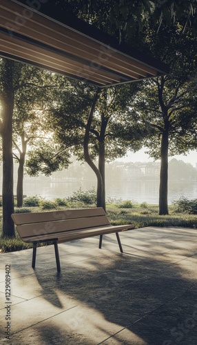 Photorealistic post modern interior with park bench and sunny stockholm archipelago backdrop