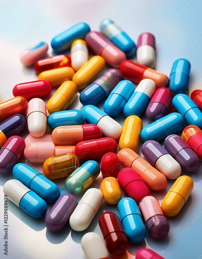 A pile of bright, reflective medicine capsules and tablets, showcasing medical technology, treatment, and pharmaceutical variety A pile of bright, reflective medicine capsules and tablets, showcasing medical technology, treatment, and pharmaceutical variety