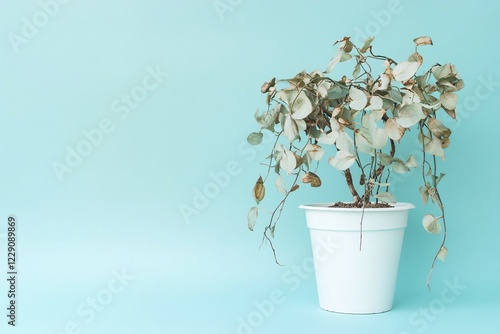 Neglected withered house plant with hanging dry leaves in white flower pot on blue background. Generative AI, AI generated photo