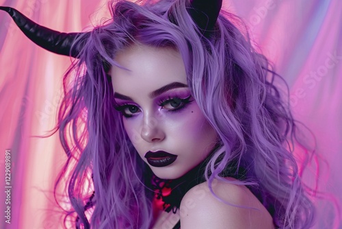 Young woman with Halloween costume devil horns and purple hair and makeup. Generative ai, AI generated photo