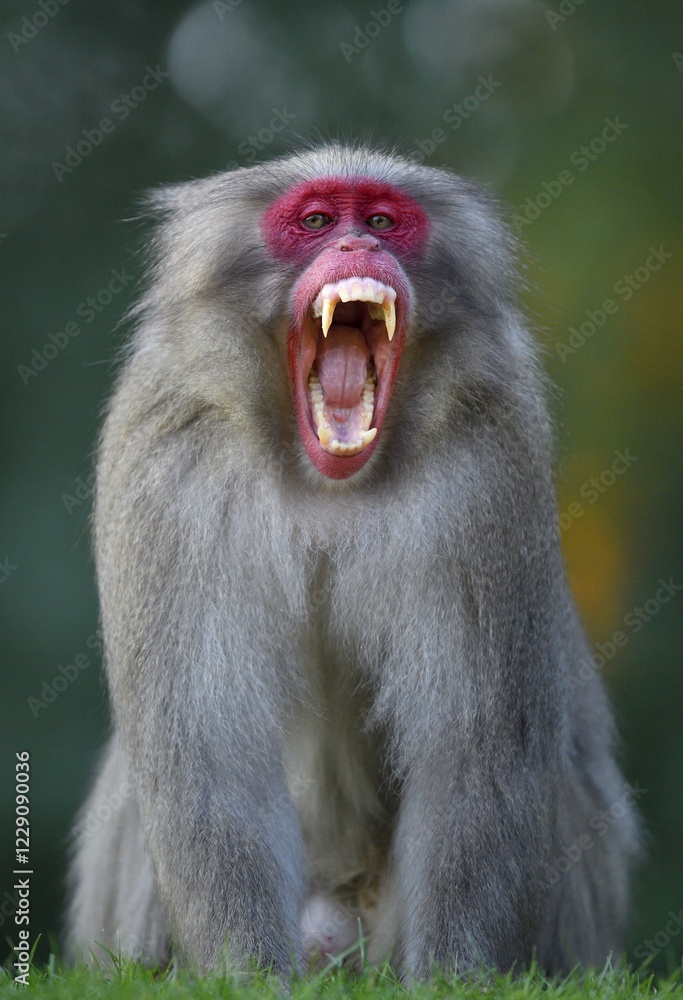 Japanese macaque or snow monkey (Macaca fuscata) with mouth wide open, threatening gesture, aggressive, captive Japanese macaque or snow monkey (Macaca fuscata) with mouth wide open, threatening gesture, aggressive, captive