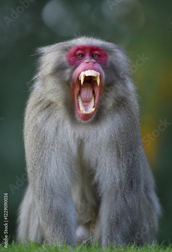 Photography Japanese macaque or snow monkey (Macaca fuscata) with mouth wide open, threateni