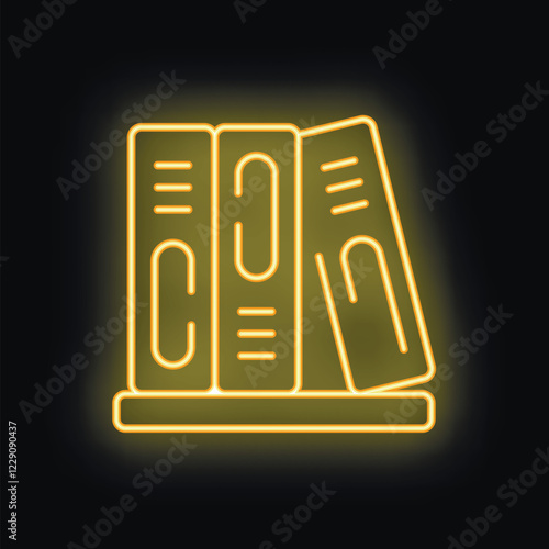 Glowing neon icon of books on a shelf representing knowledge, learning, and literature