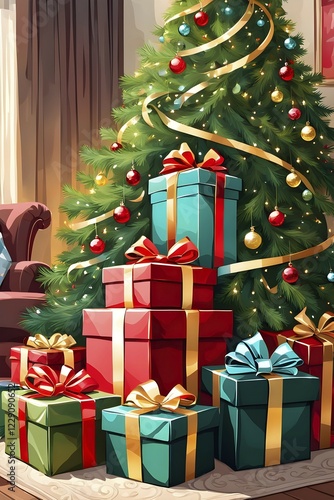 Abstract illustration of wrapped Christmas gifts, shiny ribbons and bows, stacked under a evergreen tree in a cozy living room, AI generated