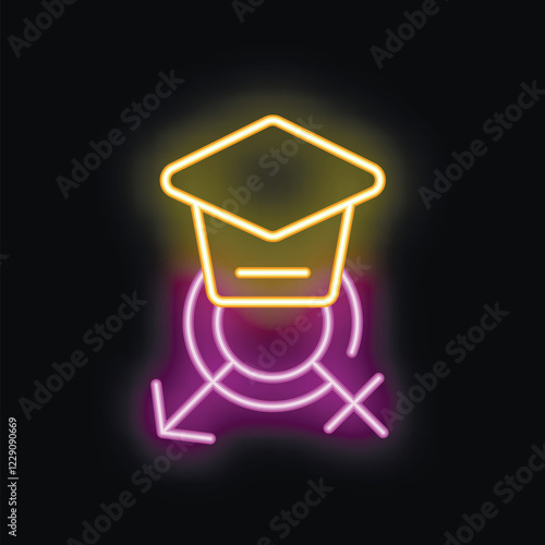 Neon sign depicting a graduation hat hovering over a male and female gender symbol, conveying the concept of equal opportunities in education