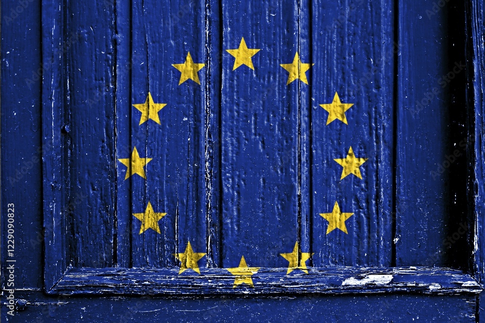 Fototapeta premium Flag of EU painted on wooden frame