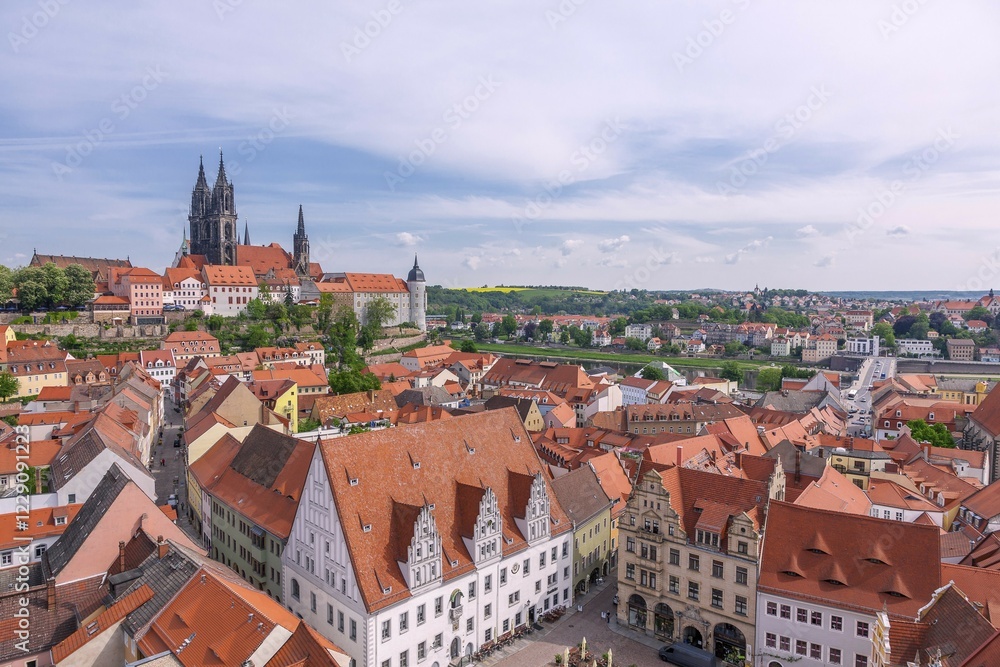 View from the tower of the Frauenkirche on the market with town hall, castle hill with Albrechtsburg and Cathedral, Meissen, Saxony, Germany, Europe View from the tower of the Frauenkirche on the market with town hall, castle hill with Albrechtsburg and Cathedral, Meissen, Saxony, Germany, Europe