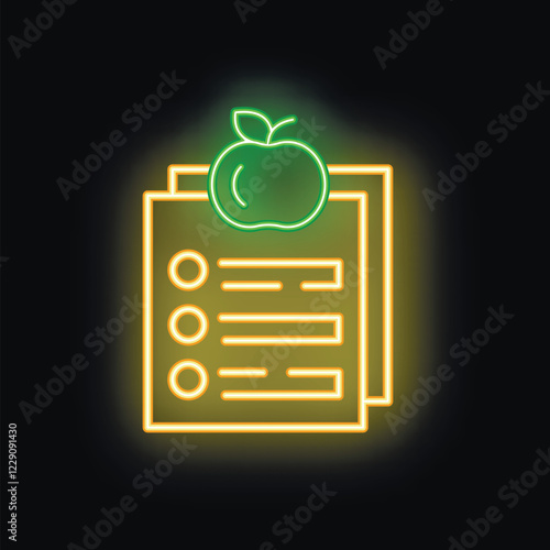 Glowing neon icon depicting a clipboard with a checklist and a bright green apple, symbolizing healthy eating and lifestyle choices