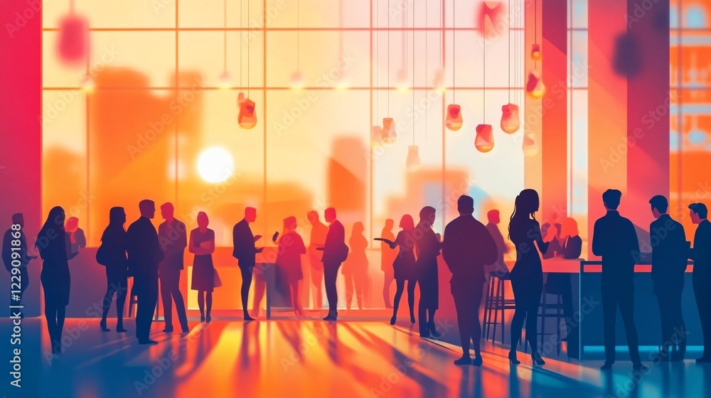 Small business owners at a networking event, engaging with local and industry peers, exchanging ideas, and forming connections in a vibrant, modern setting. vector illustration Small business owners at a networking event, engaging with local and industry peers, exchanging ideas, and forming connections in a vibrant, modern setting. vector illustration