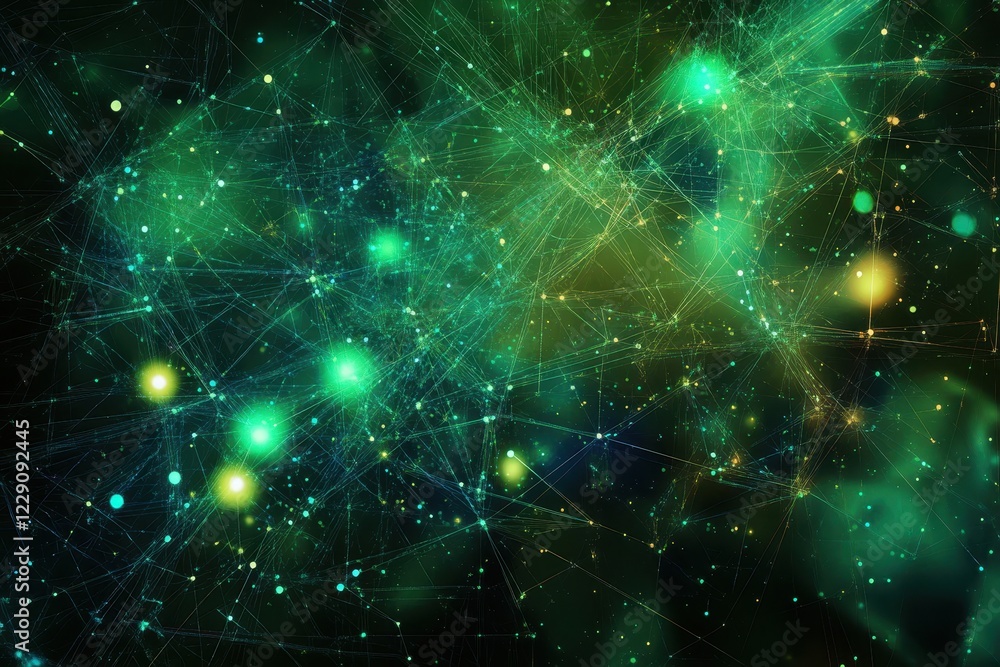 Network of connections and data processing intertwining across a dark background with vibrant green and yellow hues, globe and data processing over network of connections Network of connections and data processing intertwining across a dark background with vibrant green and yellow hues, globe and data processing over network of connections