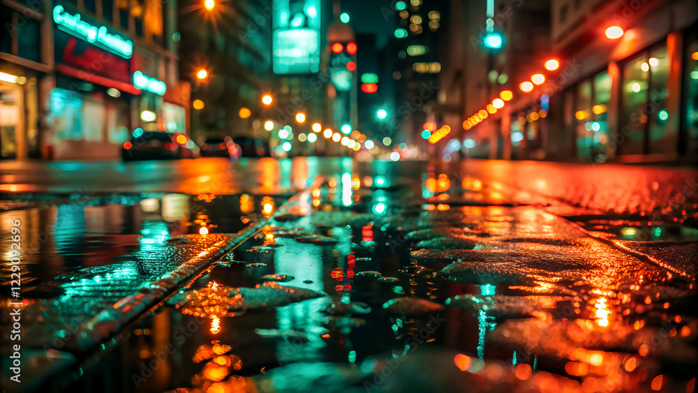 Close-up of wet asphalt road in a city at night reflected of colorful lights from buildings and streetlamps. Created with Generative AI. Close-up of wet asphalt road in a city at night reflected of colorful lights from buildings and streetlamps. Created with Generative AI.