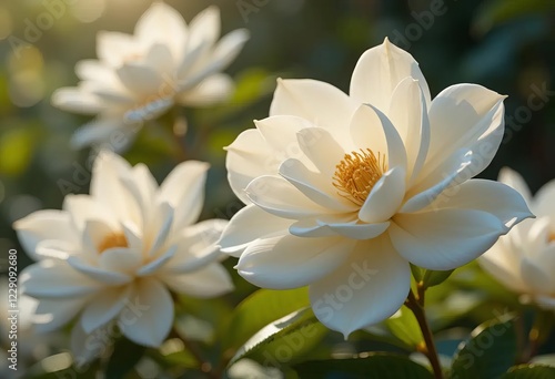 A close-up of a gardenia flower with soft light and greenery in the background