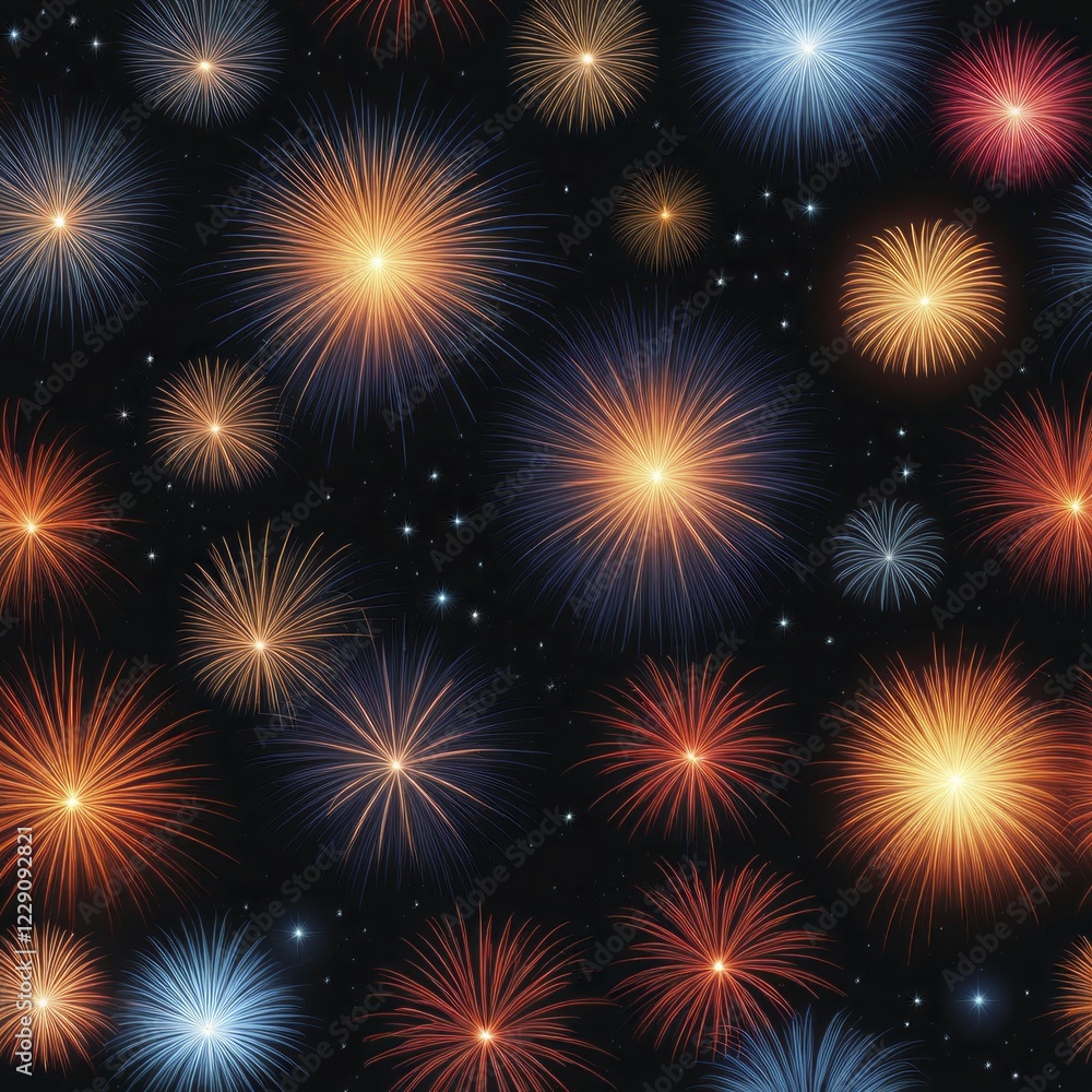 Naklejka premium A colorful array of orange and blue fireworks creating a festive display against the night sky, AI generated
