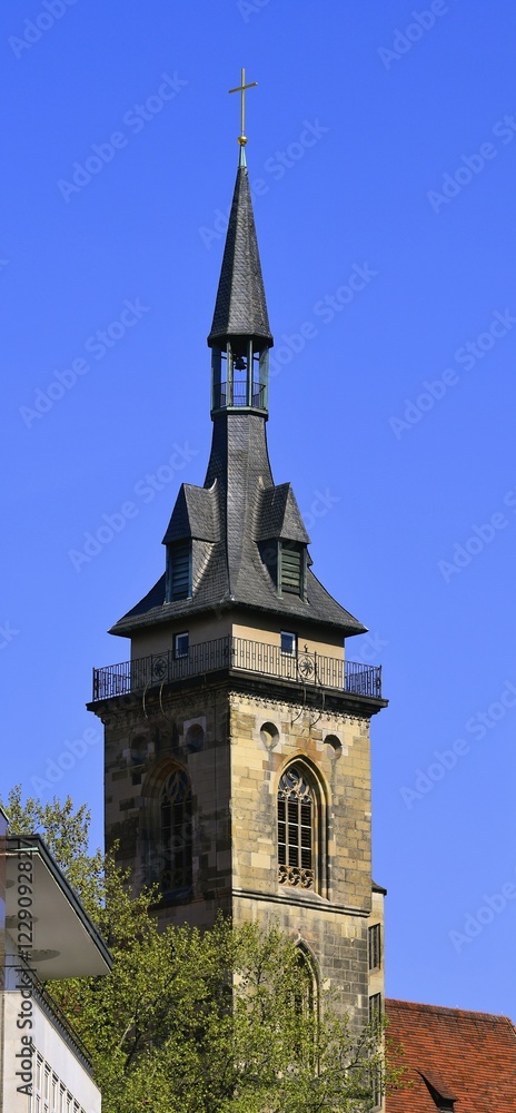 Fototapeta premium West tower or main tower of the Stiftskirche Stuttgart, seen from the market place, Baden-Württemberg, Germany, Europe