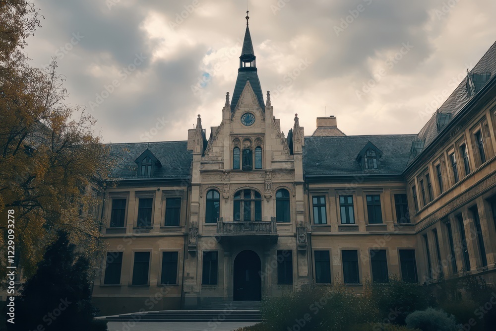University of Technology and Economics showcases its historic architecture under a cloudy sky, Pan across the University of Technology and Economics in Budapest on a cloudy day University of Technology and Economics showcases its historic architecture under a cloudy sky, Pan across the University of Technology and Economics in Budapest on a cloudy day