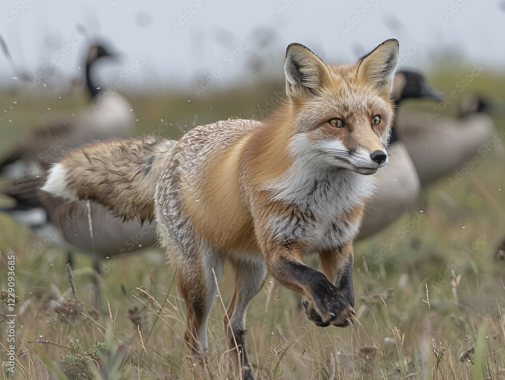 Obraz premium Fox in motion in a meadow with geese in the background, AI generated, AI generated, AI generated