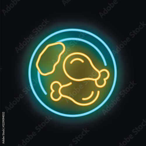 Neon sign of chicken legs on a plate, glowing bright yellow and blue against a black background