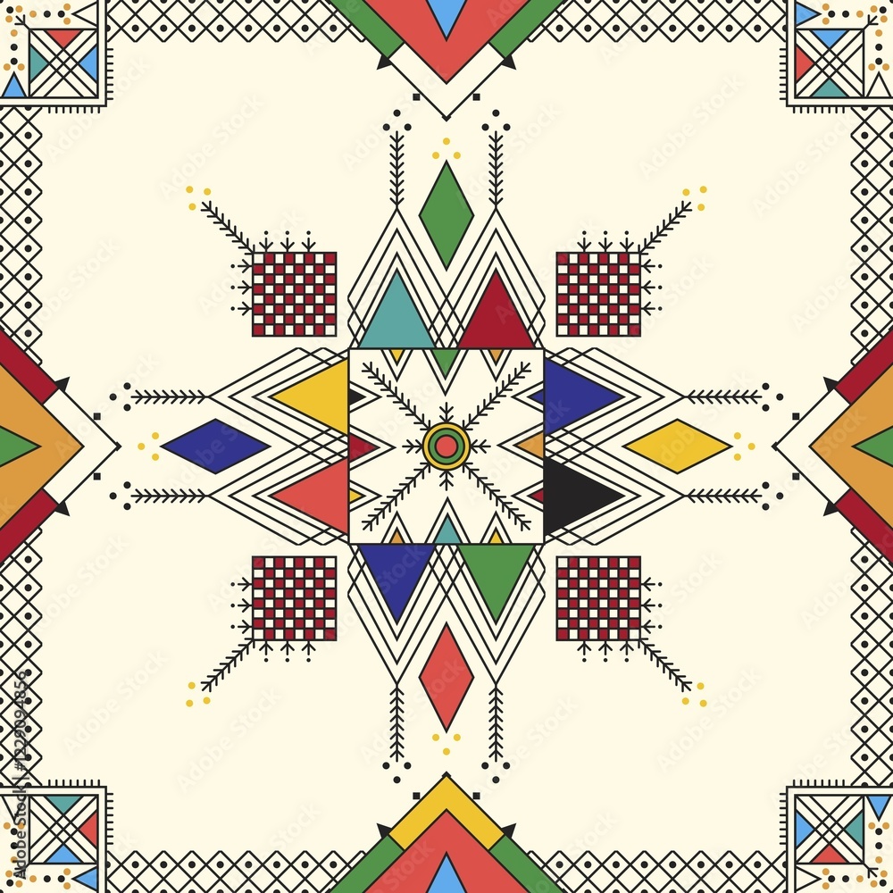 Fototapeta premium Decorative geometric repeating pattern inspired by Al-Qatt Al-Asiri traditional paintings
