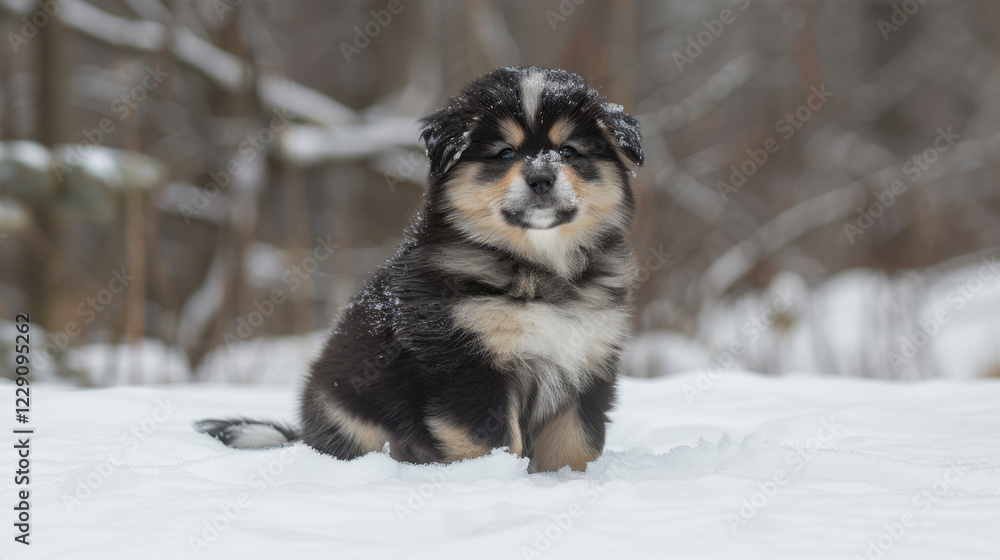 fluffy puppy sitting in snow, surrounded by winter forest. adorable dog has black and tan coat, showcasing its playful nature in serene snowy landscape fluffy puppy sitting in snow, surrounded by winter forest. adorable dog has black and tan coat, showcasing its playful nature in serene snowy landscape