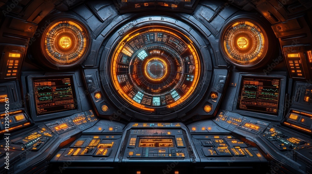 Fototapeta premium Futuristic spaceship control panel with glowing orange interface.