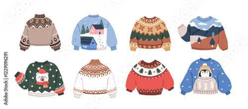 Christmas sweaters set. Festive knitted clothes, Xmas jumpers with cute funny cozy holiday design. Warm wool pullovers with winter prints. Flat vector illustration isolated on white background
