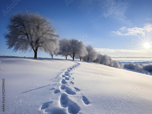 Wallpaper Mural Footprints in fresh snow on a hill with a row of trees in winter, AI generated Torontodigital.ca
