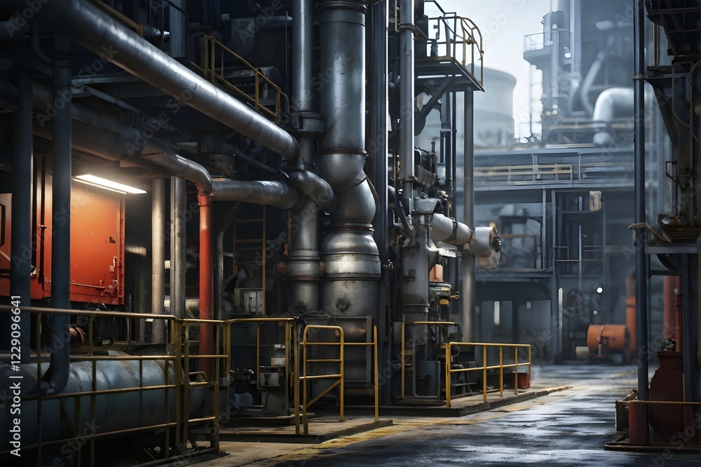 Close up view of an industrial area at night, AI generated Close up view of an industrial area at night, AI generated