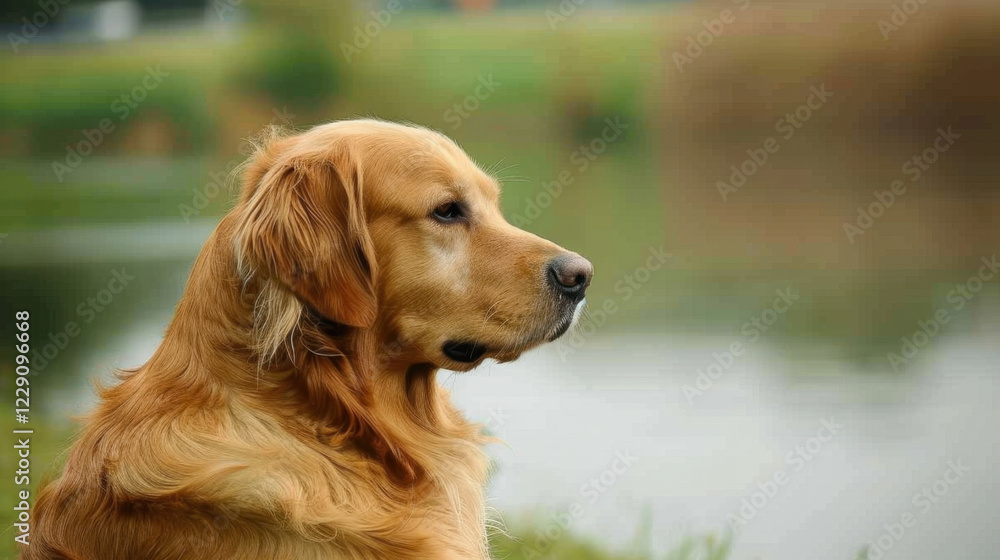 Golden retriever sitting by serene lake, showcasing its beautiful fur and calm demeanor. This loyal companion enjoys nature and tranquility Golden retriever sitting by serene lake, showcasing its beautiful fur and calm demeanor. This loyal companion enjoys nature and tranquility