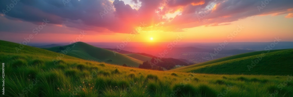 Obraz premium Sunset over rolling hills with vast sky and green grass, serenity, calmness