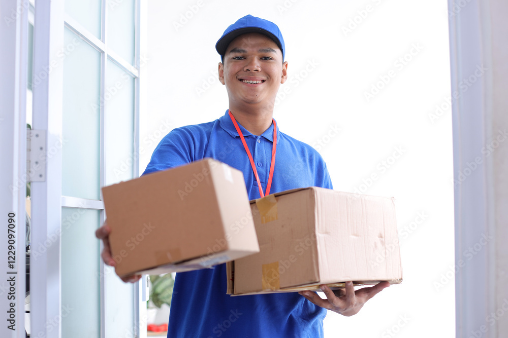 Professional Smiling Delivery Man Wear Blue Cap T-Shirt Uniform Workwear Work as Dealer Courier Giving Cardboard Box Professional Smiling Delivery Man Wear Blue Cap T-Shirt Uniform Workwear Work as Dealer Courier Giving Cardboard Box
