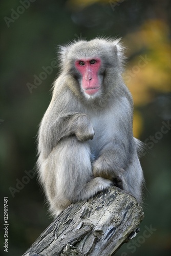 Japanese macaque (Macaca fuscata) sits on tree trunk, captive photo