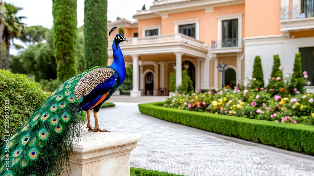 Obraz premium Majestic Peacock Standing Near Elegant Mansion Surrounded by Gardens