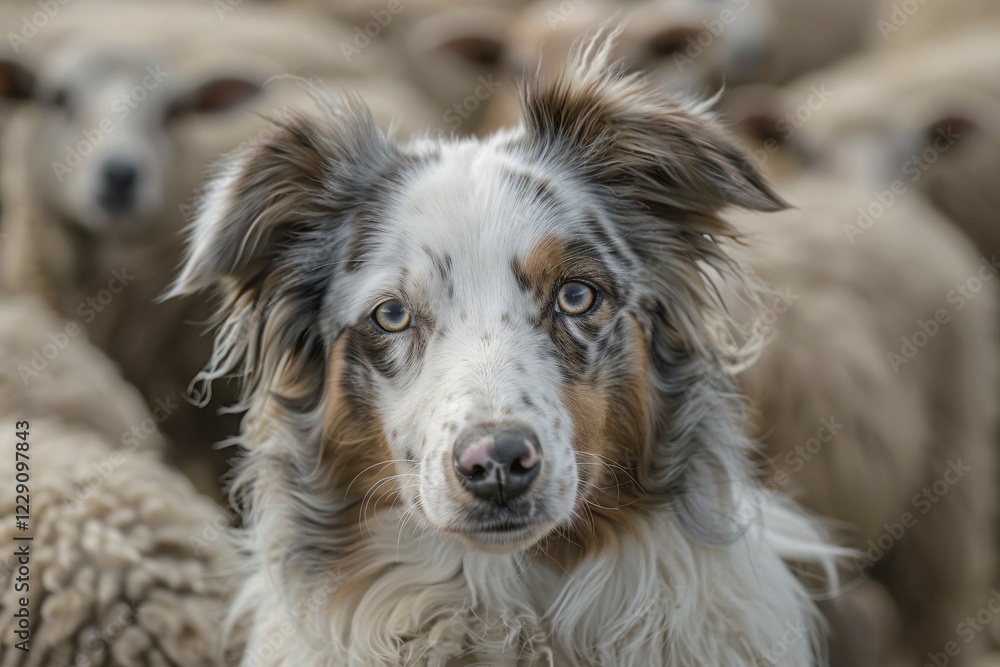 Australian Shepherd dog in front of flock of sheep. KI generiert, generiert, AI generated Australian Shepherd dog in front of flock of sheep. KI generiert, generiert, AI generated