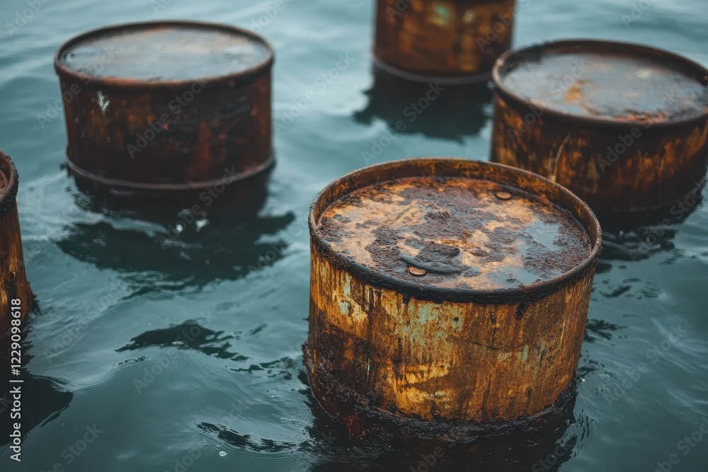 Old rusty oil barrels floating in the ocean create an eerie display of human neglect and environmental impact, Old rusty disused Oil Barrels discarded into the ocean, turning the seawater black Old rusty oil barrels floating in the ocean create an eerie display of human neglect and environmental impact, Old rusty disused Oil Barrels discarded into the ocean, turning the seawater black
