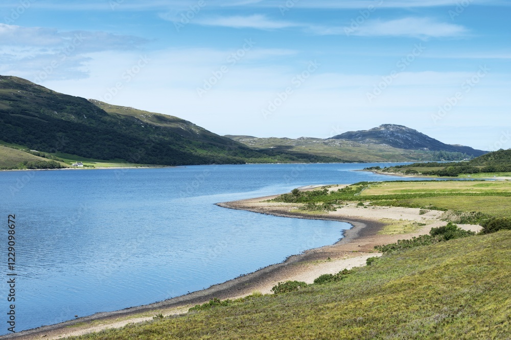 The 9.5 km long and 1.2 km wide freshwater Loch Hope, Inverhope, Northern Highlands, Scotland, United Kingdom, Europe