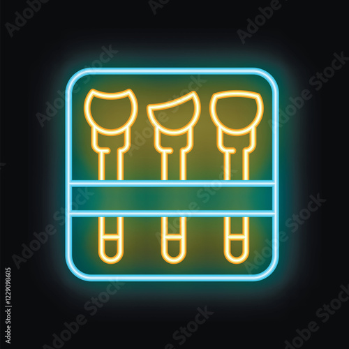 Neon glowing icon of makeup brush set for professional visage in blue and yellow