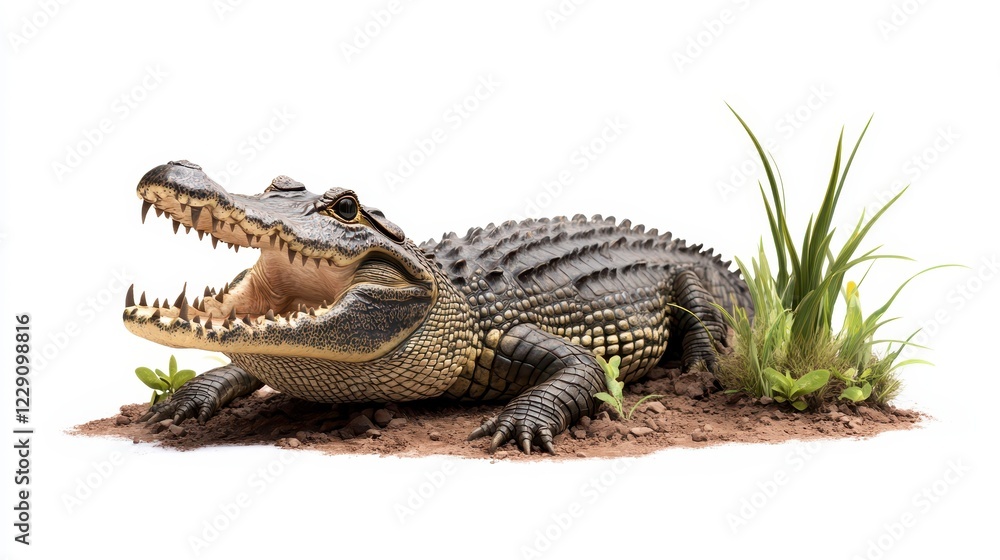 Fototapeta premium Lurking Alligator in Natural Habitat with Surrounding Grass and Plants