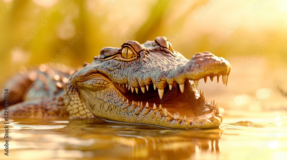 Obraz premium Close-Up of Lively Crocodile Emerging from Water at Sunset
