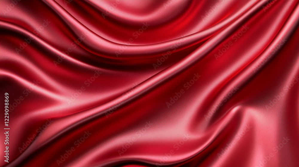 A Red silk satin background with waves of liquid paint, shiny and luxurious. Abstract texture for design or packaging in red color. Shiny, elegant fabric
