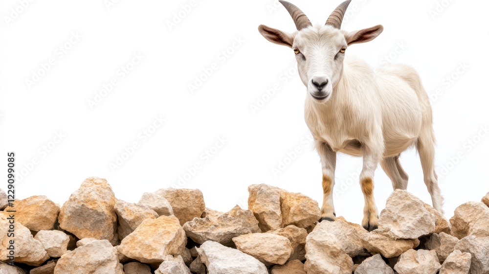 White Goat Standing on Rocks Against a Bright White Background White Goat Standing on Rocks Against a Bright White Background